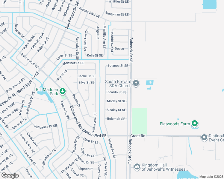 map of restaurants, bars, coffee shops, grocery stores, and more near 1650 Ricardo Street Southeast in Palm Bay