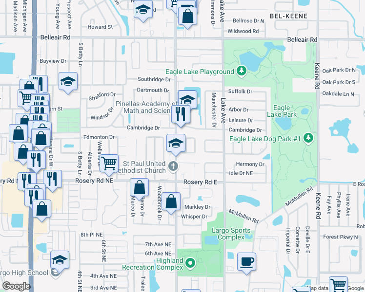 map of restaurants, bars, coffee shops, grocery stores, and more near 1522 HIGHLAND PARK DR in Clearwater