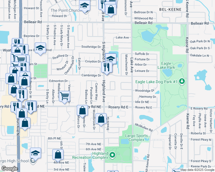 map of restaurants, bars, coffee shops, grocery stores, and more near 1522 HIGHLAND PARK DR in Clearwater