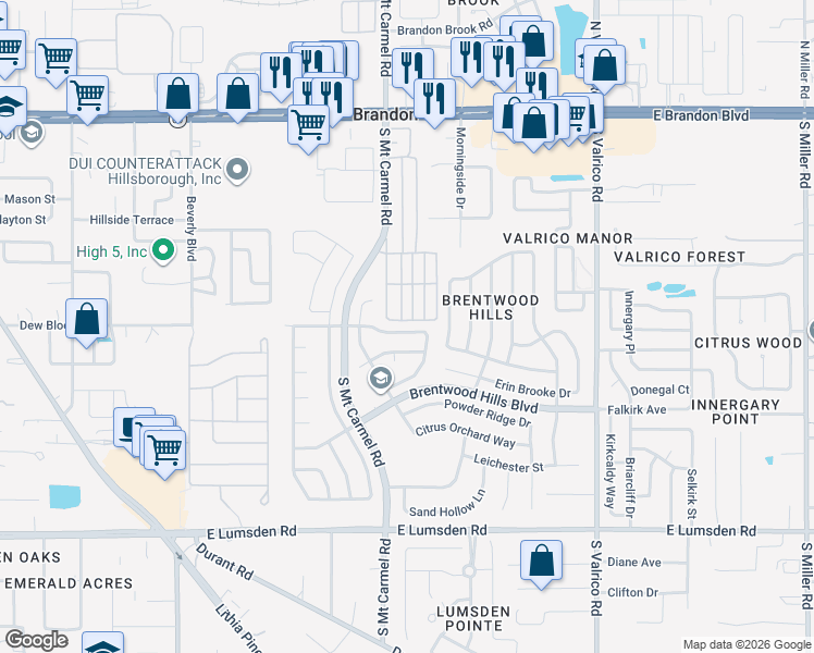 map of restaurants, bars, coffee shops, grocery stores, and more near 1334 Dew Bloom Road in Valrico