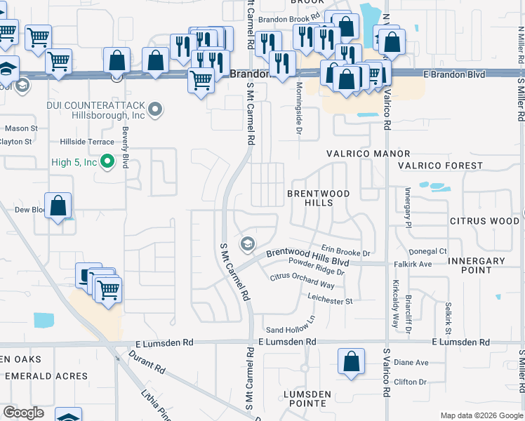 map of restaurants, bars, coffee shops, grocery stores, and more near 1337 Dew Bloom Road in Valrico