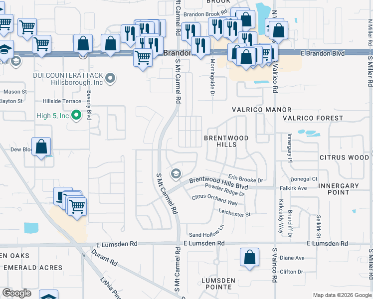 map of restaurants, bars, coffee shops, grocery stores, and more near 1332 Dew Bloom Road in Valrico