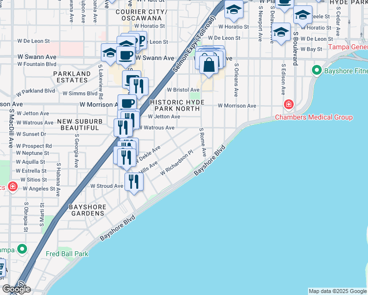 map of restaurants, bars, coffee shops, grocery stores, and more near 1806 West Hills Avenue in Tampa