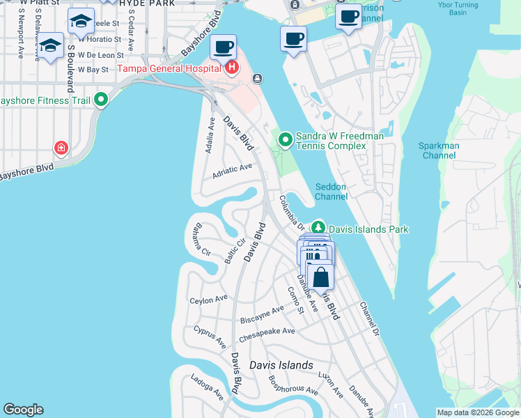 map of restaurants, bars, coffee shops, grocery stores, and more near 106 East Davis Boulevard in Tampa