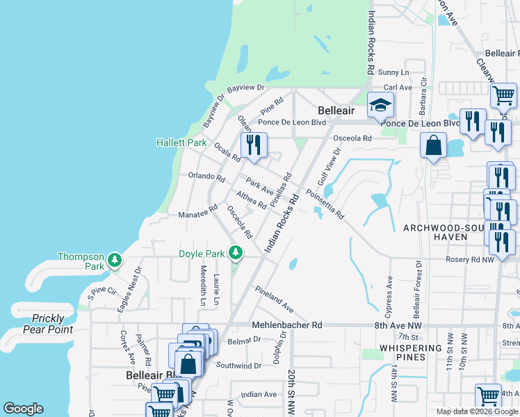 map of restaurants, bars, coffee shops, grocery stores, and more near 477 Althea Road in Clearwater