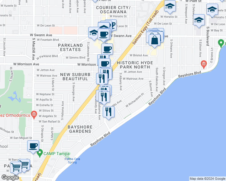 map of restaurants, bars, coffee shops, grocery stores, and more near 2108a West Southview Avenue in Tampa
