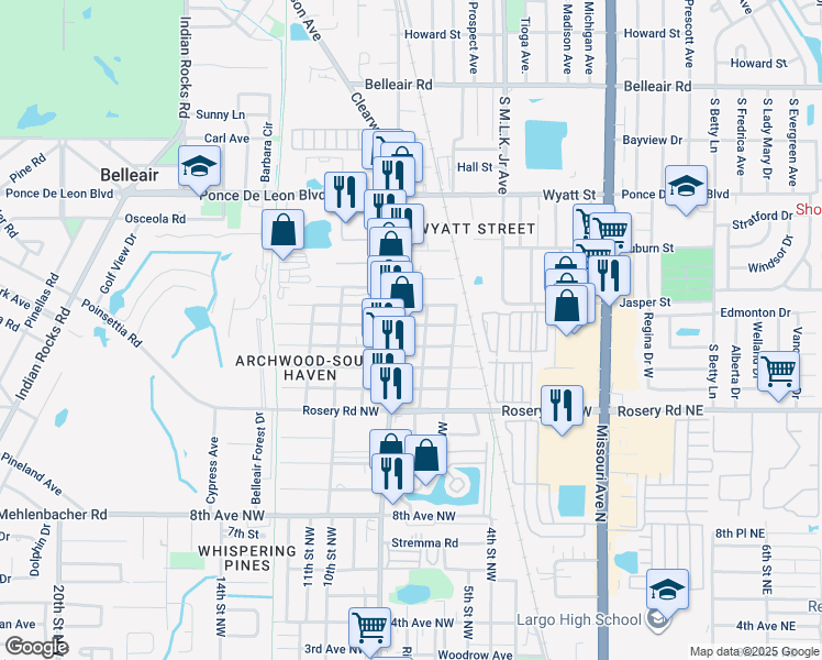 map of restaurants, bars, coffee shops, grocery stores, and more near 1482 Clearwater Largo Road North in Largo