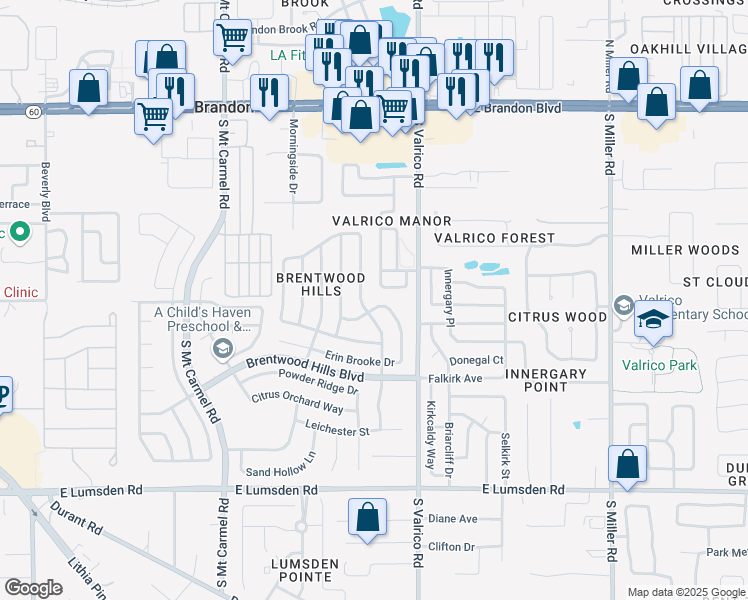 map of restaurants, bars, coffee shops, grocery stores, and more near 1942 Erin Brooke Drive in Valrico