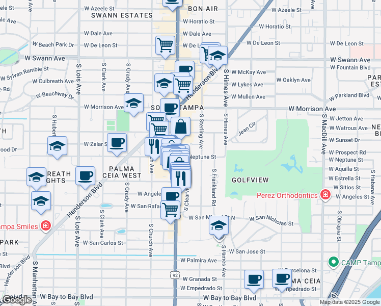 map of restaurants, bars, coffee shops, grocery stores, and more near 3716 West Neptune Street in Tampa