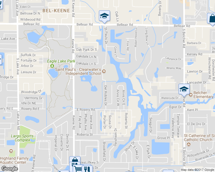map of restaurants, bars, coffee shops, grocery stores, and more near 1849 Del Robles Drive in Clearwater