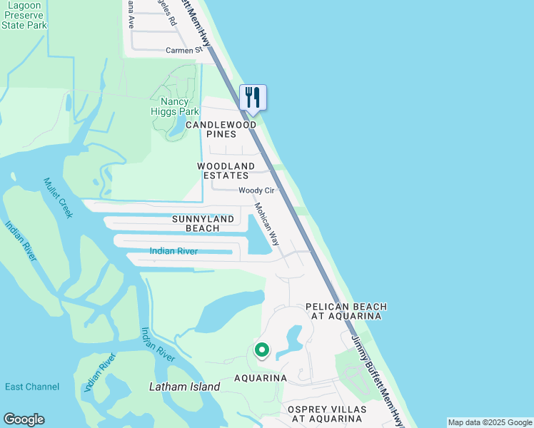 map of restaurants, bars, coffee shops, grocery stores, and more near 97 Mohican Way in Melbourne Beach