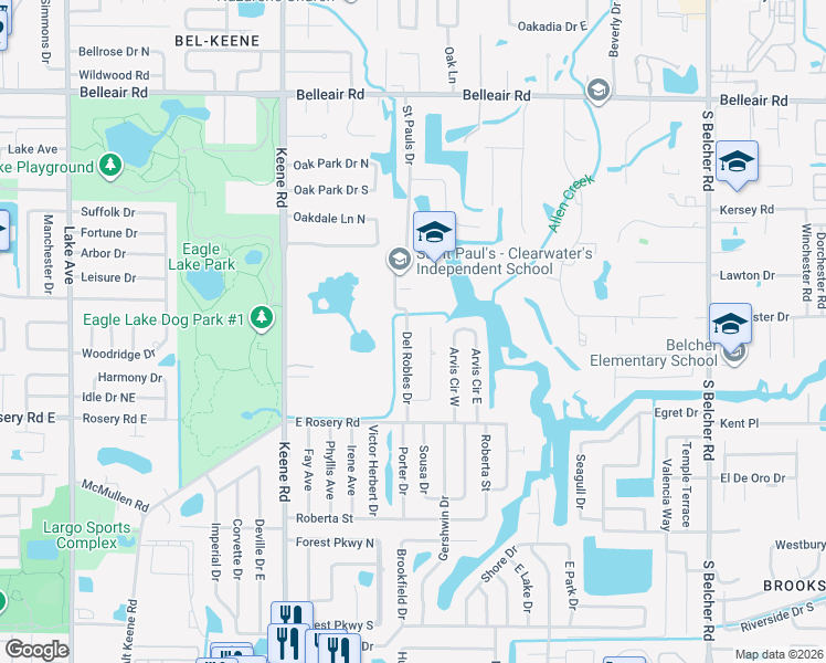 map of restaurants, bars, coffee shops, grocery stores, and more near 1849 Del Robles Drive in Clearwater