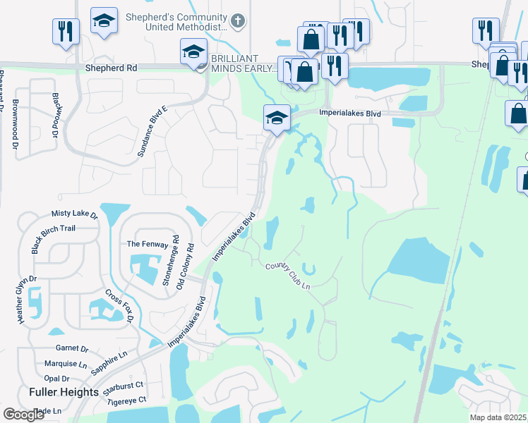 map of restaurants, bars, coffee shops, grocery stores, and more near 57 Imperialakes Boulevard in Mulberry