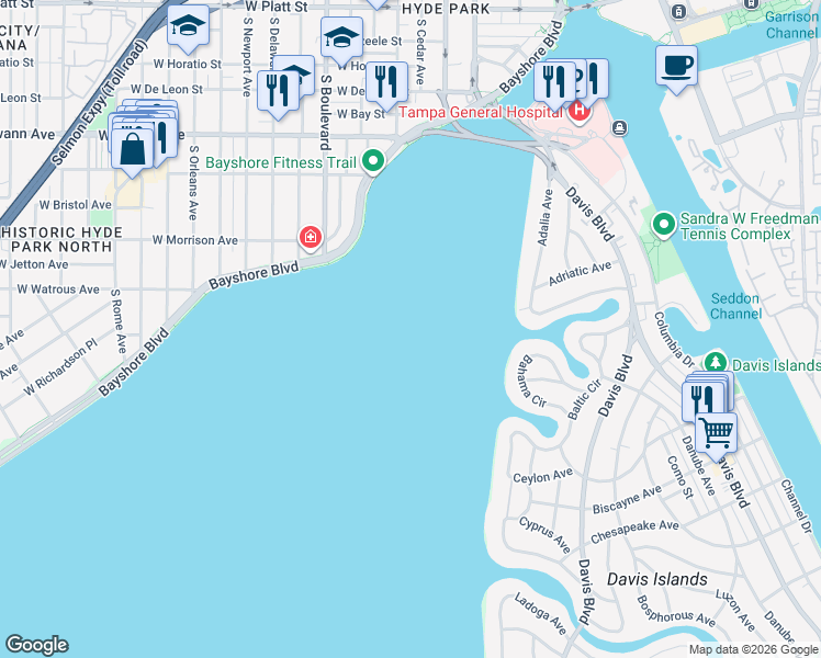 map of restaurants, bars, coffee shops, grocery stores, and more near in Tampa