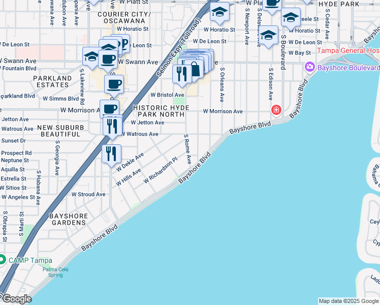map of restaurants, bars, coffee shops, grocery stores, and more near 1601 Bayshore Boulevard in Tampa
