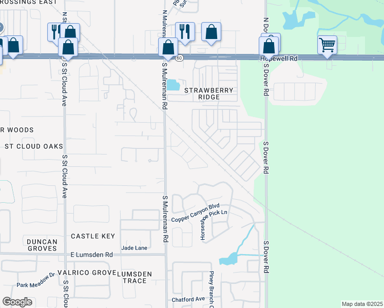 map of restaurants, bars, coffee shops, grocery stores, and more near 3405 Long Island Way in Valrico