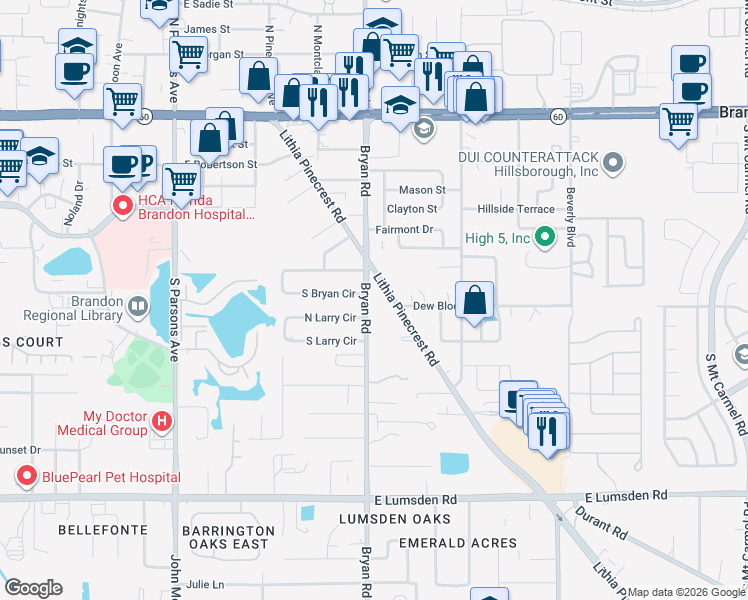 map of restaurants, bars, coffee shops, grocery stores, and more near 604 Lithia Pinecrest Road in Brandon