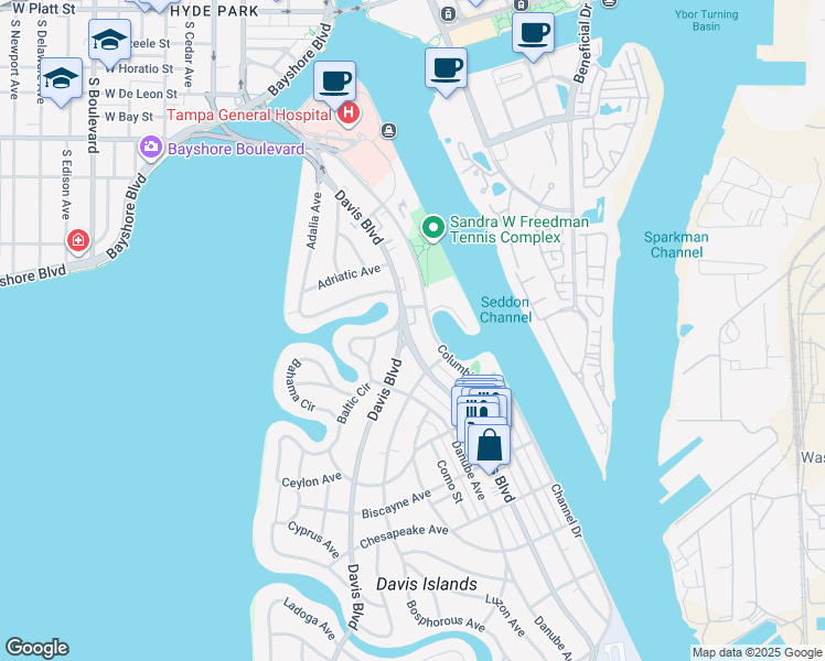 map of restaurants, bars, coffee shops, grocery stores, and more near 106 East Davis Boulevard in Tampa