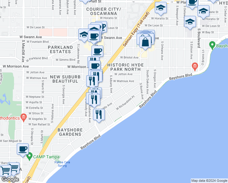 map of restaurants, bars, coffee shops, grocery stores, and more near 2020 West Dekle Avenue in Tampa