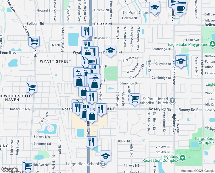 map of restaurants, bars, coffee shops, grocery stores, and more near 1410 Teresa Drive in Largo