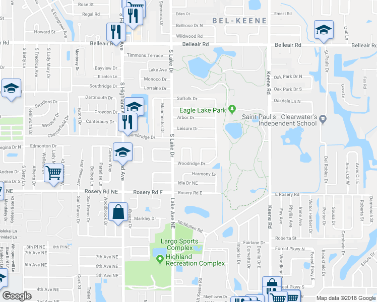 map of restaurants, bars, coffee shops, grocery stores, and more near 1631 Chateau Drive in Clearwater
