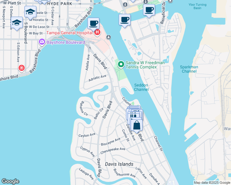 map of restaurants, bars, coffee shops, grocery stores, and more near 106 East Davis Boulevard in Tampa