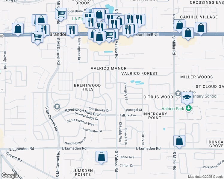 map of restaurants, bars, coffee shops, grocery stores, and more near 424 Regal Park Drive in Valrico