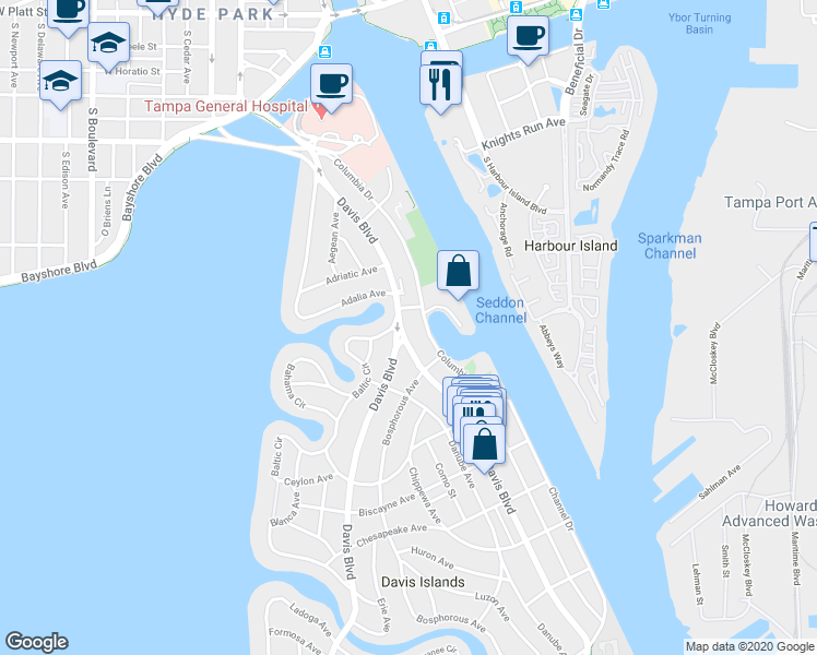 map of restaurants, bars, coffee shops, grocery stores, and more near 55 Bering Street in Tampa