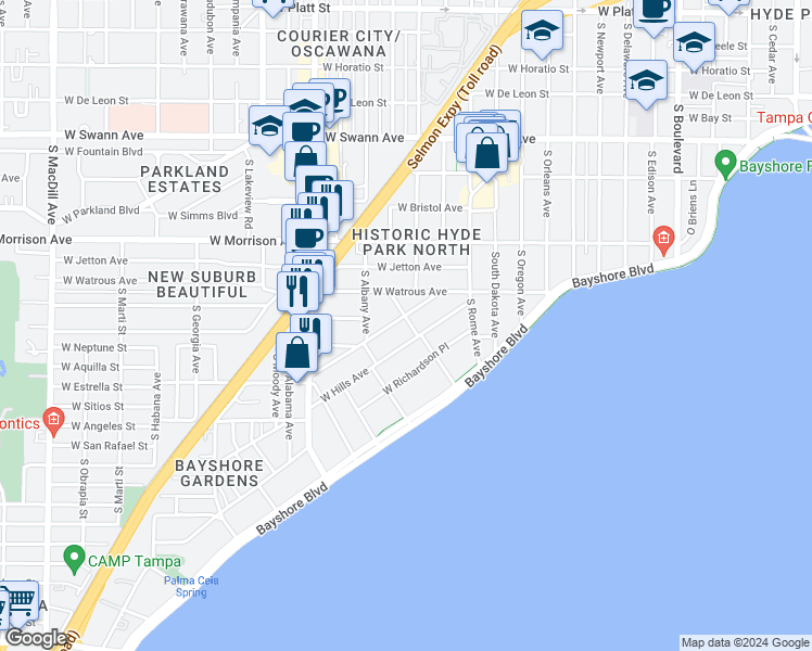map of restaurants, bars, coffee shops, grocery stores, and more near 1913 West Dekle Avenue in Tampa