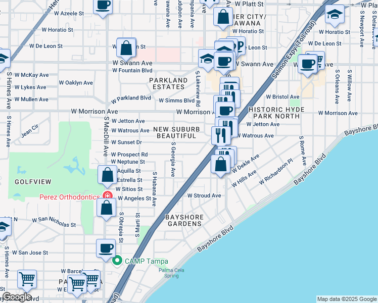 map of restaurants, bars, coffee shops, grocery stores, and more near 2421 West Sunset Drive in Tampa