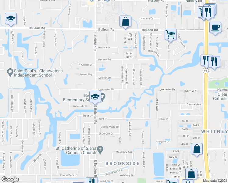 map of restaurants, bars, coffee shops, grocery stores, and more near 2278 Lancaster Drive in Clearwater