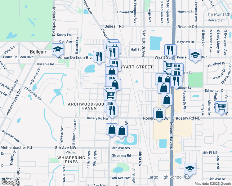 map of restaurants, bars, coffee shops, grocery stores, and more near in Largo