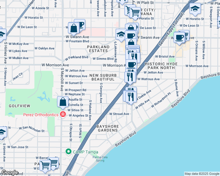 map of restaurants, bars, coffee shops, grocery stores, and more near 2421 West Sunset Drive in Tampa