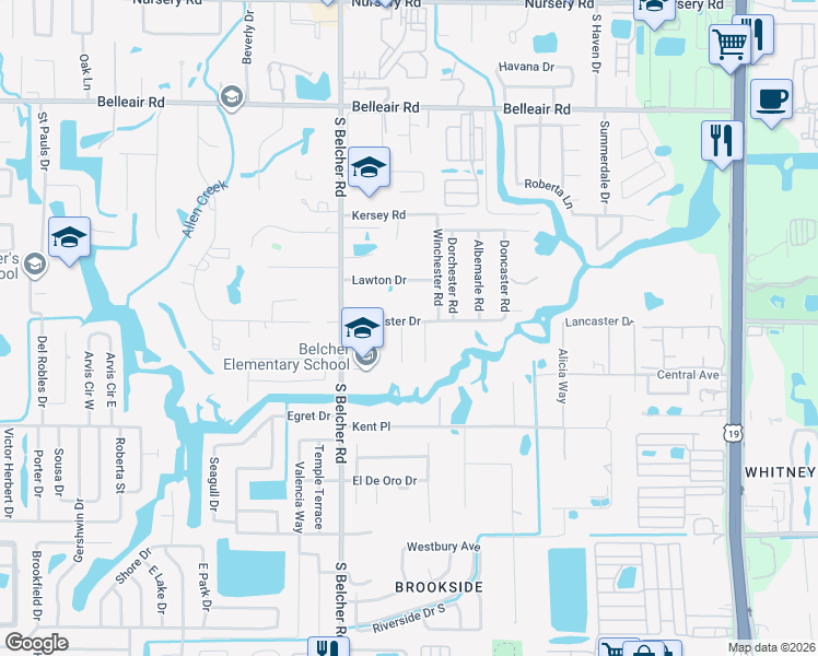 map of restaurants, bars, coffee shops, grocery stores, and more near 2278 Lancaster Drive in Clearwater