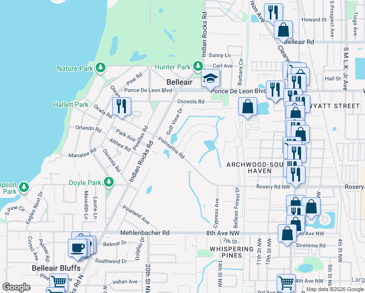 map of restaurants, bars, coffee shops, grocery stores, and more near 4 Hibiscus Road in Belleair