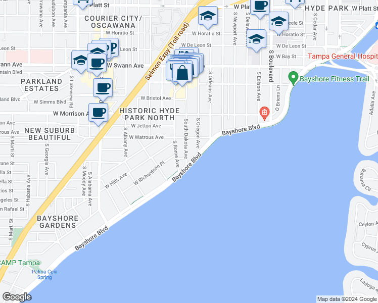 map of restaurants, bars, coffee shops, grocery stores, and more near 1013 South Dakota Avenue in Tampa