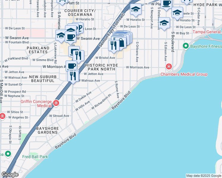 map of restaurants, bars, coffee shops, grocery stores, and more near 13 West Hills Avenue in Tampa