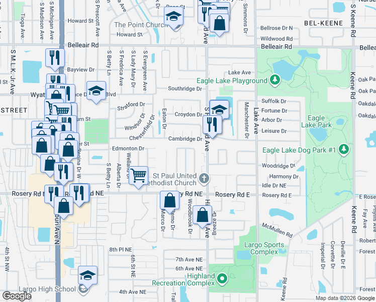 map of restaurants, bars, coffee shops, grocery stores, and more near 1479 Cambridge Drive in Clearwater