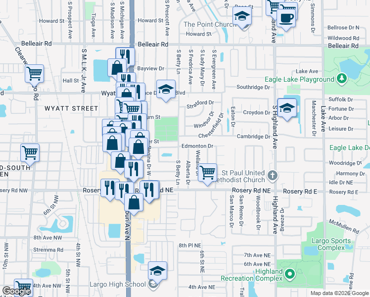 map of restaurants, bars, coffee shops, grocery stores, and more near 1301 Chesterfield Drive in Clearwater