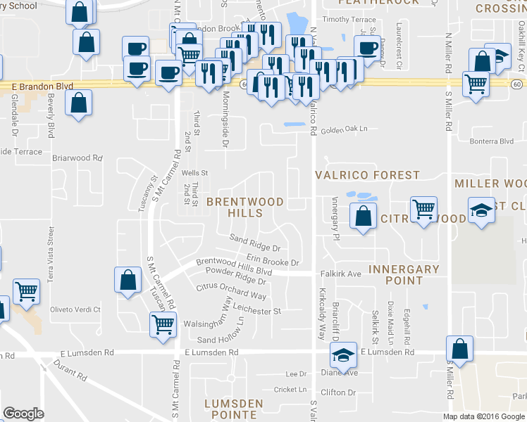 map of restaurants, bars, coffee shops, grocery stores, and more near 636 Sand Ridge Drive in Valrico