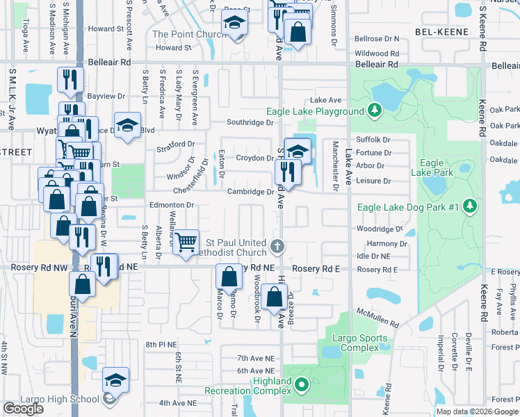 map of restaurants, bars, coffee shops, grocery stores, and more near 1856 Cameo Way in Clearwater