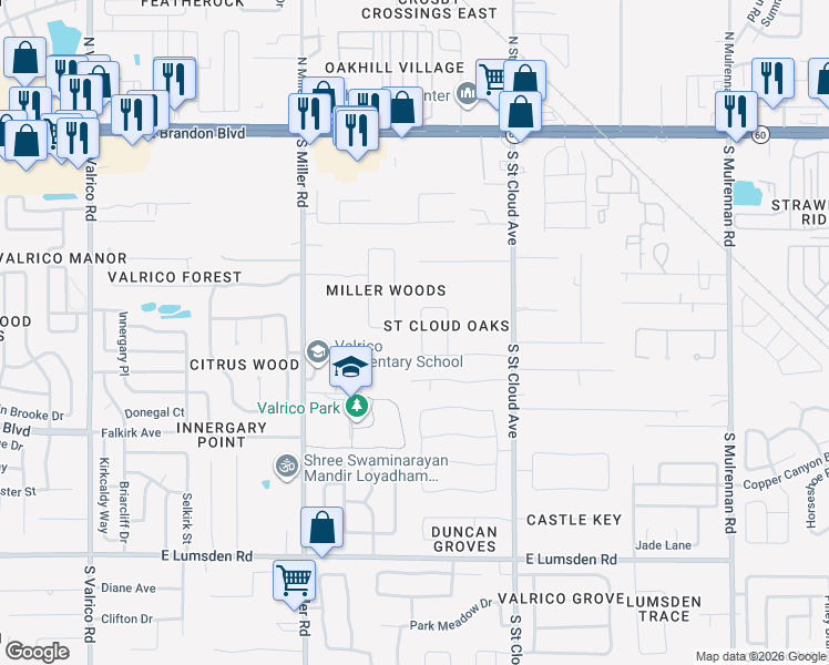 map of restaurants, bars, coffee shops, grocery stores, and more near 2725 Saint Cloud Oaks Drive in Valrico