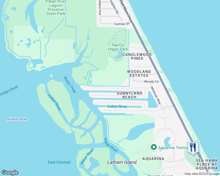 map of restaurants, bars, coffee shops, grocery stores, and more near 387 Nikomas Way in Melbourne Beach