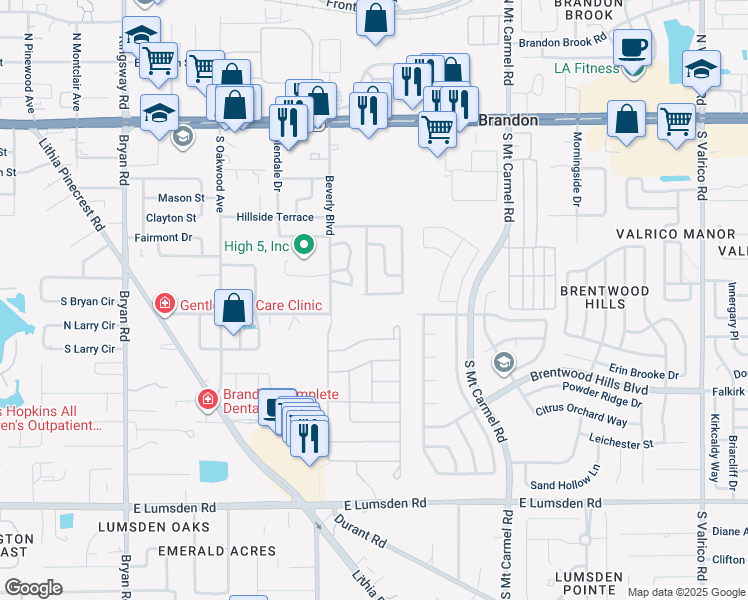 map of restaurants, bars, coffee shops, grocery stores, and more near 515 Holiday Terrace in Brandon