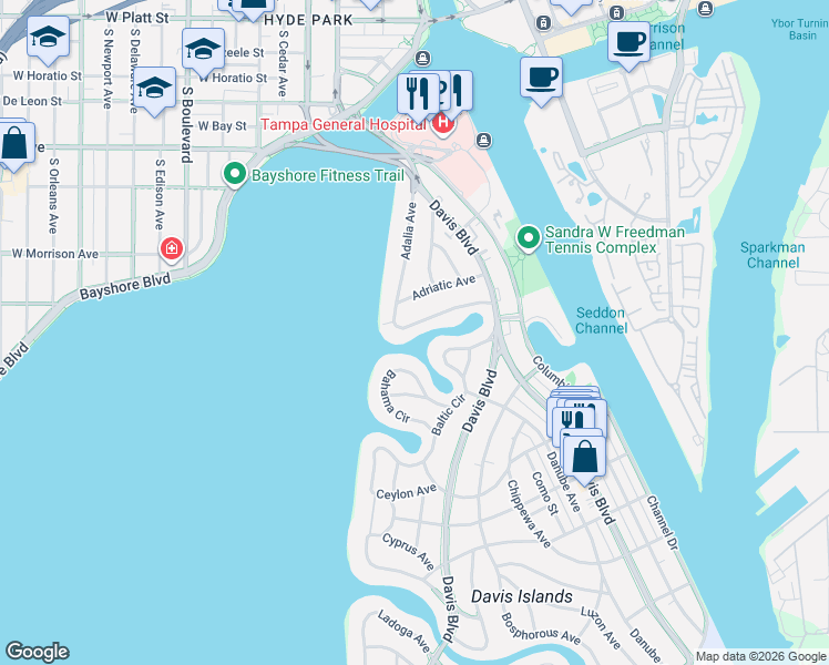 map of restaurants, bars, coffee shops, grocery stores, and more near 101 Adalia Avenue in Tampa