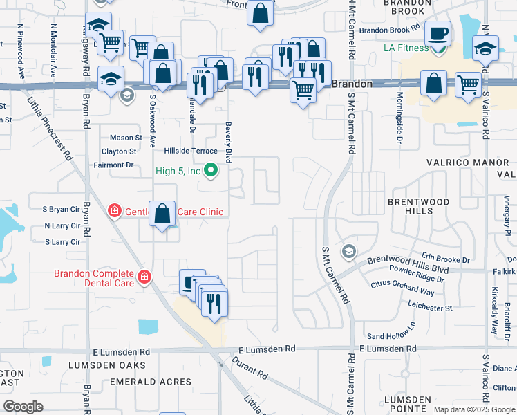 map of restaurants, bars, coffee shops, grocery stores, and more near 515 Holiday Terrace in Brandon