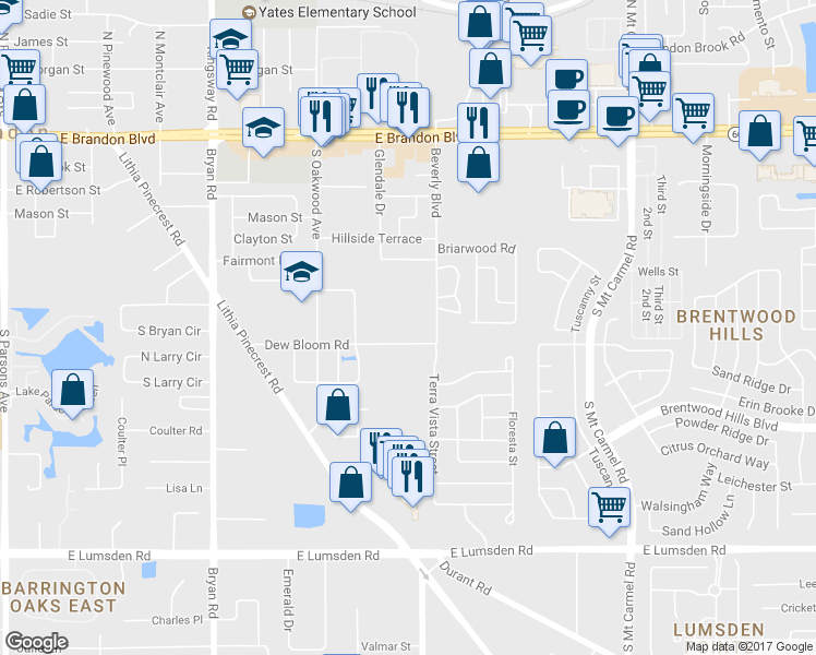 map of restaurants, bars, coffee shops, grocery stores, and more near 902 Dew Bloom Road in Brandon