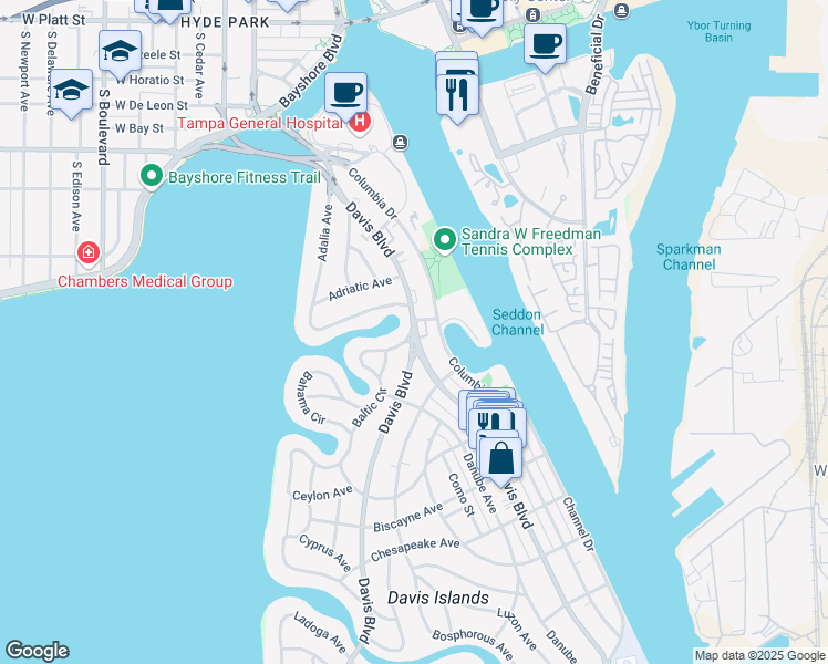 map of restaurants, bars, coffee shops, grocery stores, and more near 45 East Davis Boulevard in Tampa