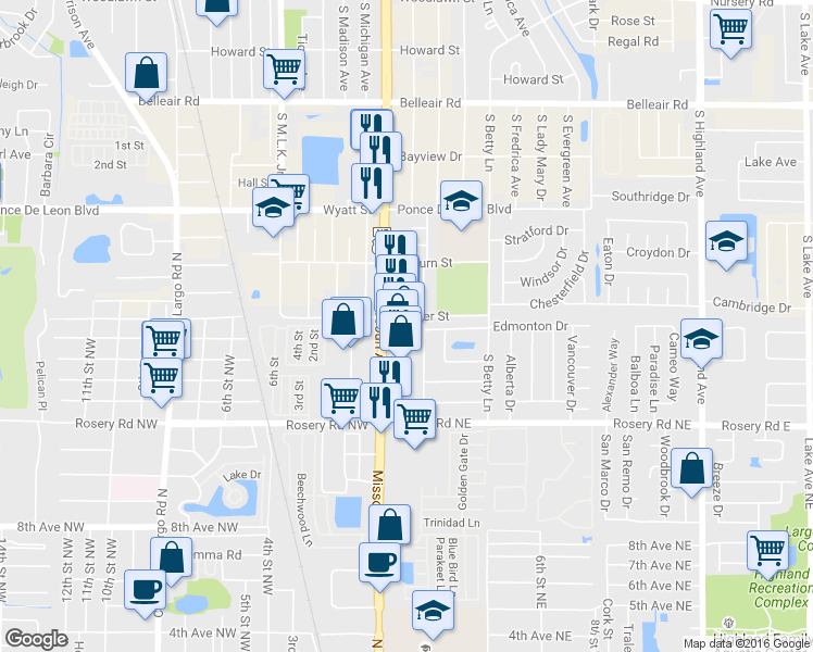 map of restaurants, bars, coffee shops, grocery stores, and more near 66 Jasper Street in Largo