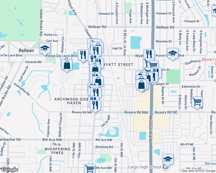 map of restaurants, bars, coffee shops, grocery stores, and more near 730 16th Avenue Northwest in Largo